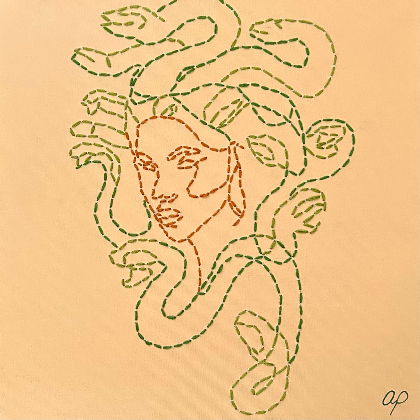 Amber Peeks Art: Original embroidered medusa design on beige painted canvas created by Atlanta multi-disciplinary visual artist Amber Peeks.