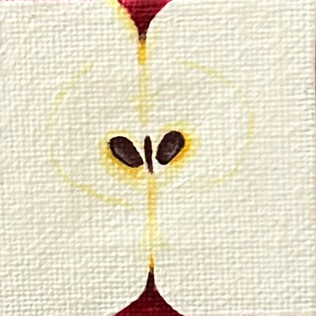 Amber Peeks Art: close-up image of an apple painted on a miniature canvas magnet created by Atlanta multi-disciplinary visual artist Amber Peeks.