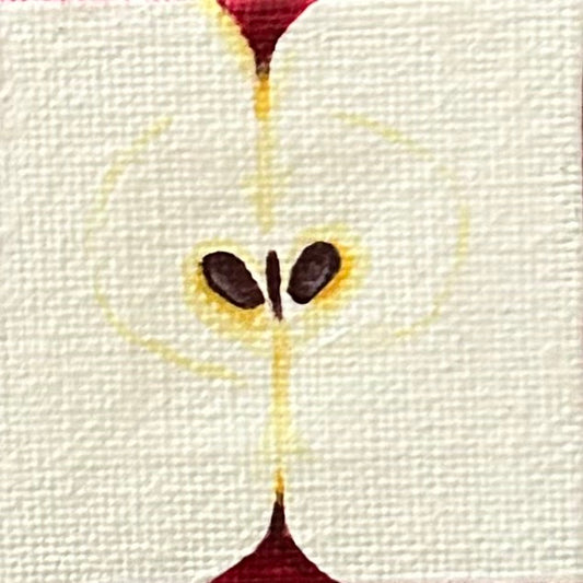 Amber Peeks Art: close-up image of an apple painted on a miniature canvas magnet created by Atlanta multi-disciplinary visual artist Amber Peeks.