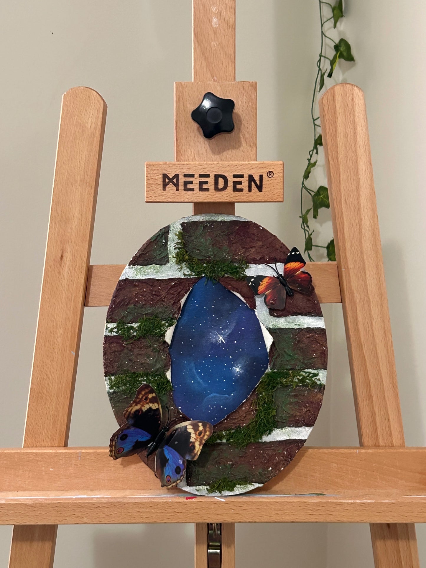 Amber Peeks Art: Mixed media art piece on wooden art easel. 