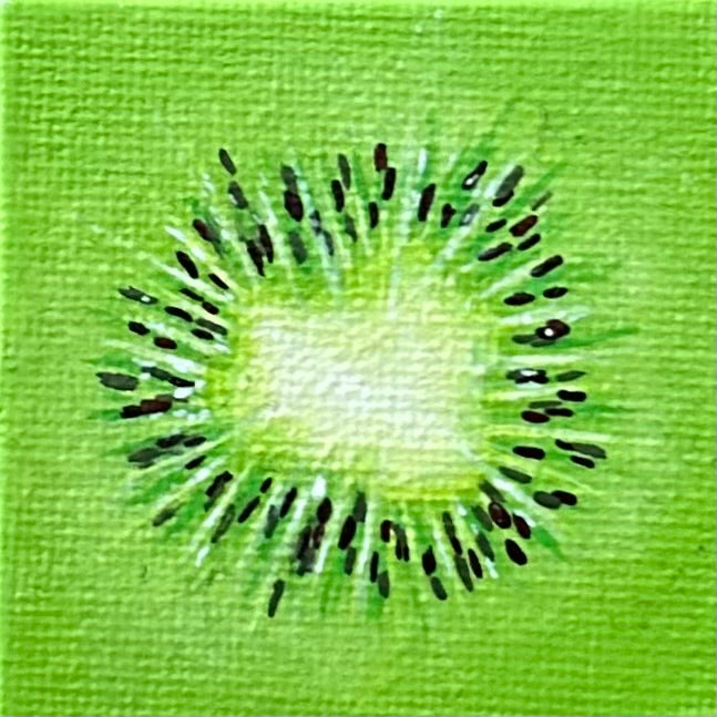 Amber Peeks Art: close-up image of a kiwi fruit painted on a miniature canvas magnet created by Atlanta multi-disciplinary visual artist Amber Peeks.