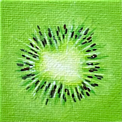 Amber Peeks Art: close-up image of a kiwi fruit painted on a miniature canvas magnet created by Atlanta multi-disciplinary visual artist Amber Peeks.