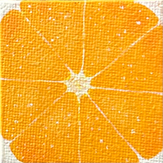 Amber Peeks Art: close-up image of an orange painted on a miniature canvas magnet created by Atlanta multi-disciplinary visual artist Amber Peeks.