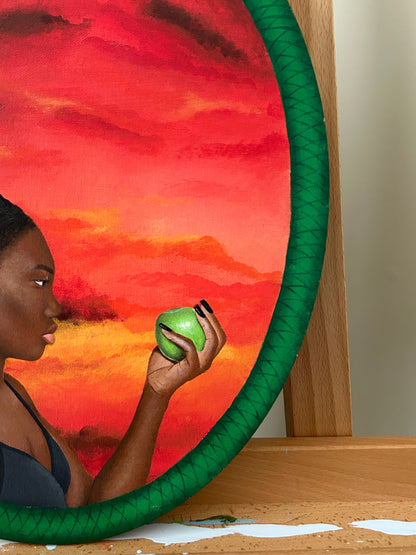 Amber Peeks Art: Painting of a woman holding a green apple with a sunset in the background created by Atlanta multi-disciplinary visual artist Amber Peeks.