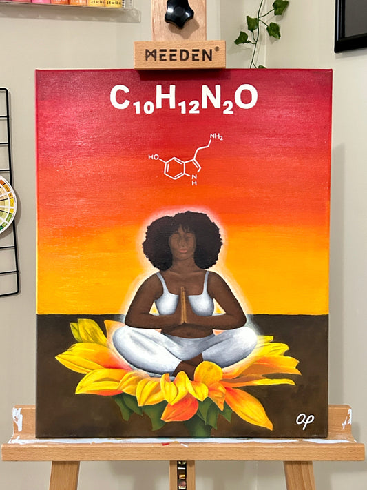 Amber Peeks Art: Canvas painting of a woman meditating on flowers with chemical formula on an easel created by Atlanta multi-disciplinary visual artist Amber Peeks.