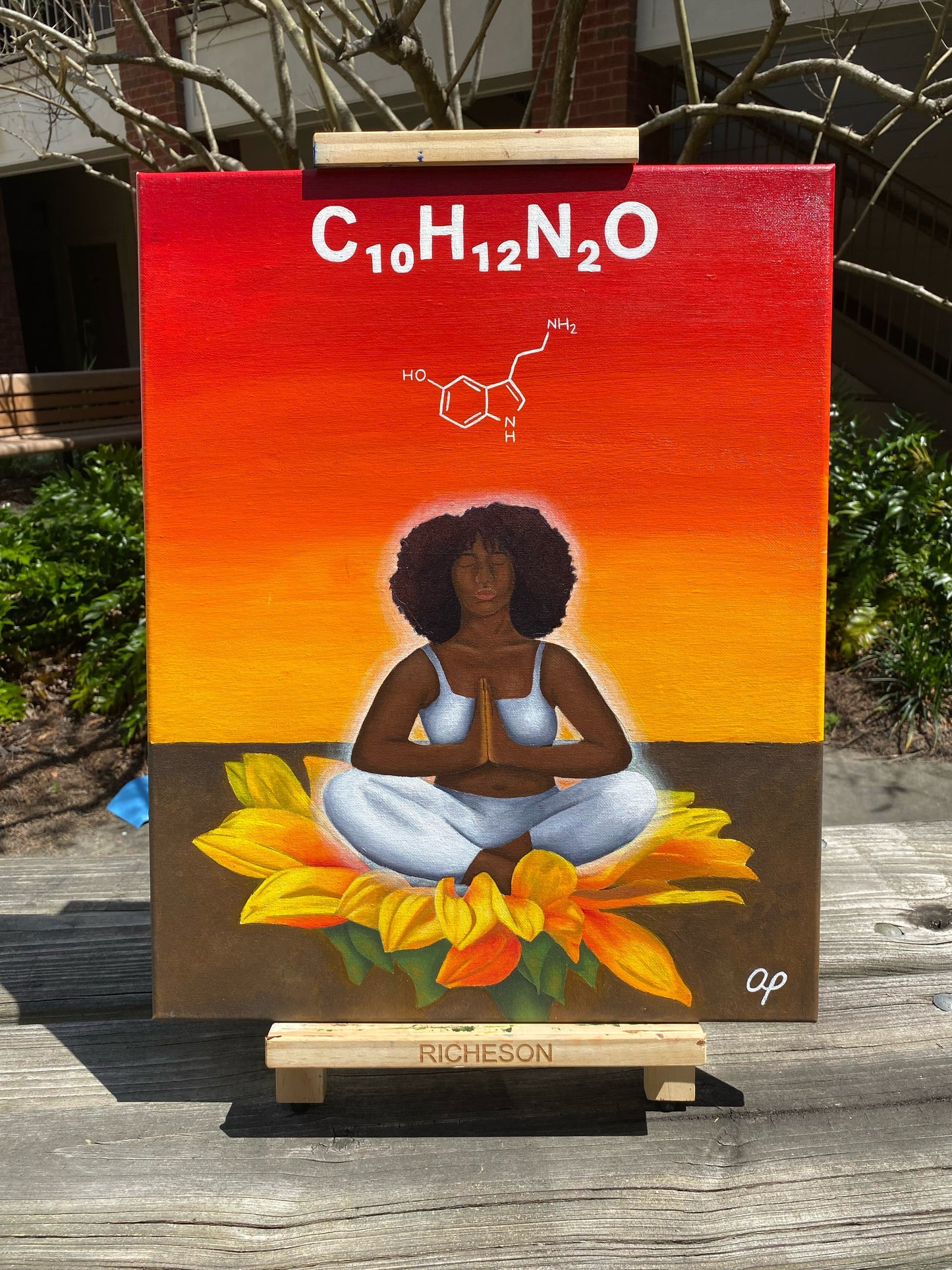 Amber Peeks Art: Canvas painting of a woman meditating on flowers with chemical formula on an easel created by Atlanta multi-disciplinary visual artist Amber Peeks.