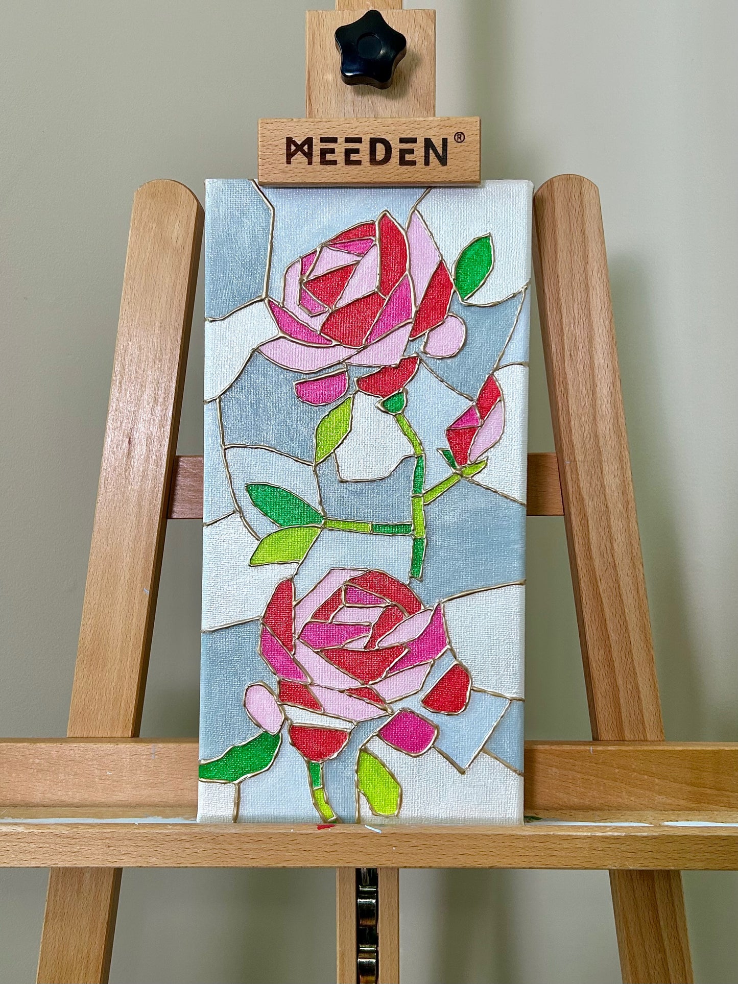 Amber Peeks Art: Painted stained glass artwork of roses created by Atlanta multi-disciplinary visual artist Amber Peeks.