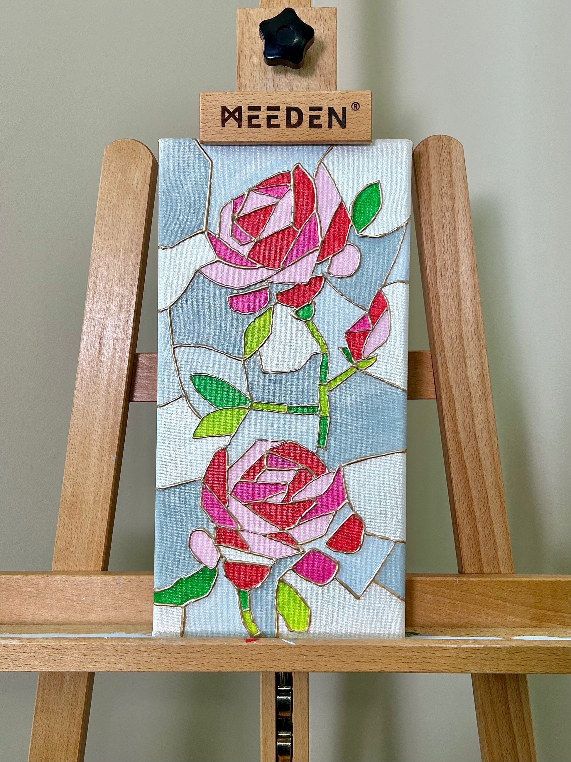Amber Peeks Art: Painted stained glass artwork of roses created by Atlanta multi-disciplinary visual artist Amber Peeks.