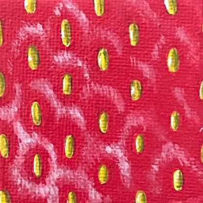 Amber Peeks Art: close-up image of a strawberry painted on a miniature canvas magnet created by Atlanta multi-disciplinary visual artist Amber Peeks.