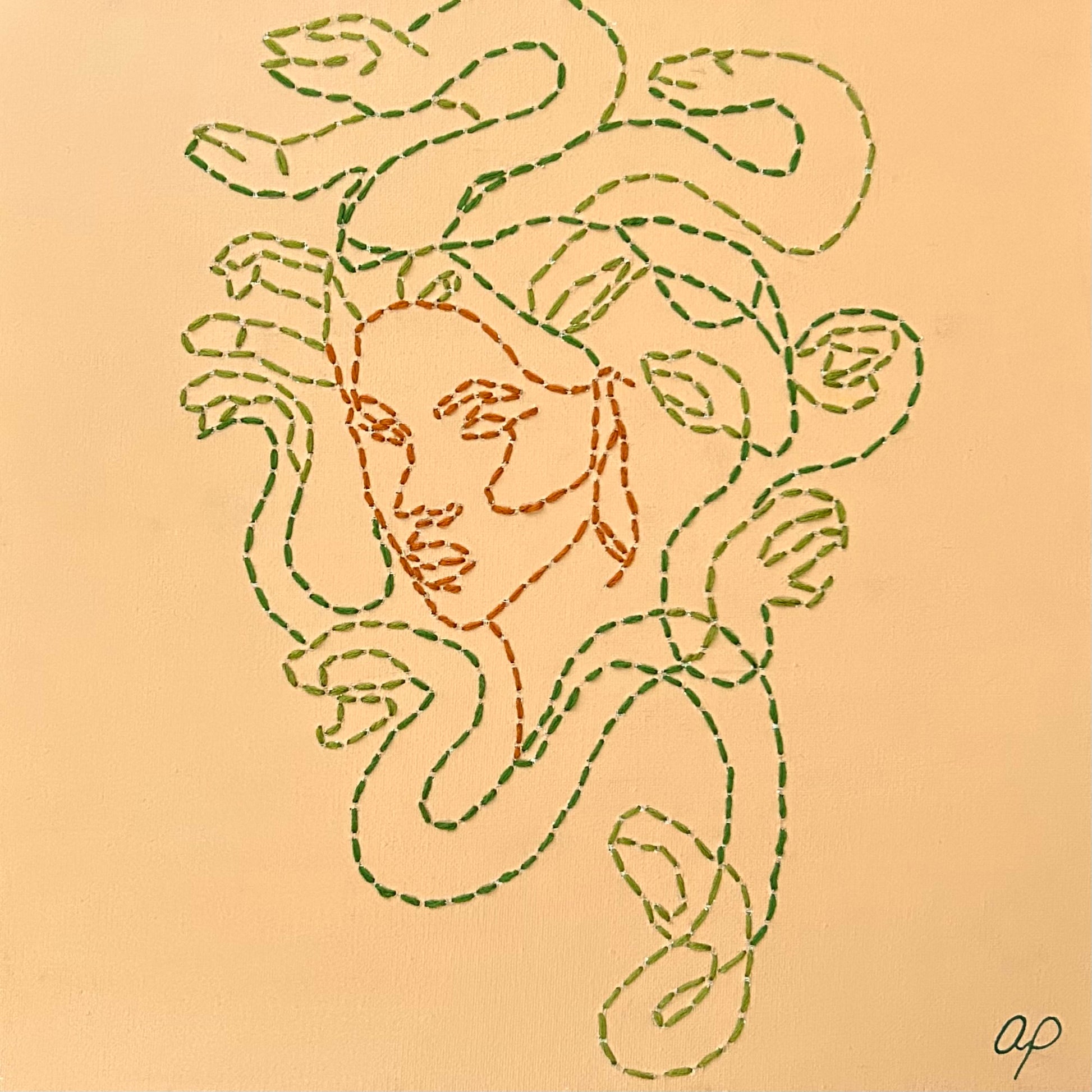 Amber Peeks Art: Original embroidered medusa design on beige painted canvas created by Atlanta multi-disciplinary visual artist Amber Peeks.