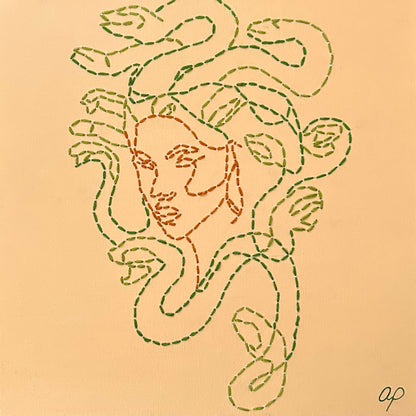 Amber Peeks Art: Original embroidered medusa design on beige painted canvas created by Atlanta multi-disciplinary visual artist Amber Peeks.