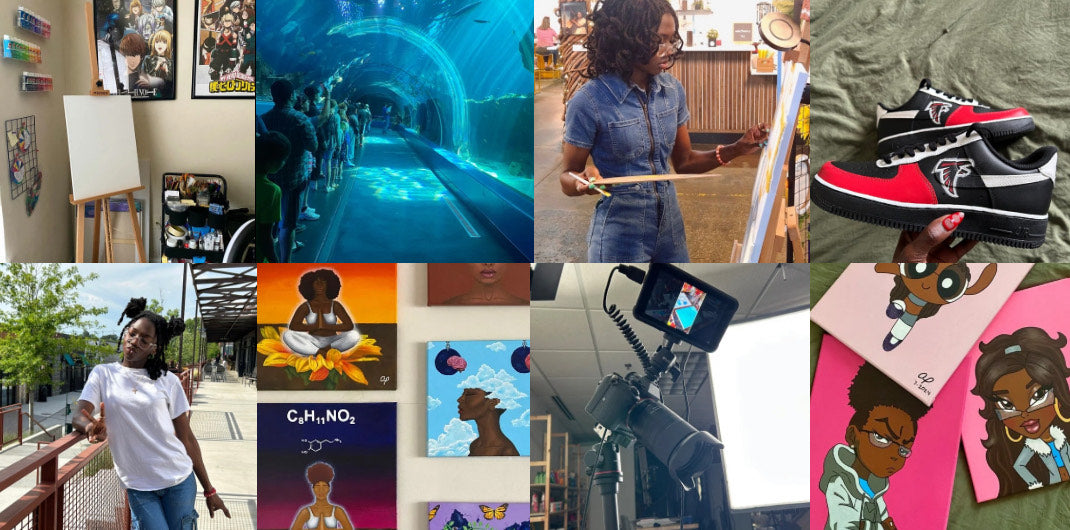 Collage of various images including people, artwork, and aquarium