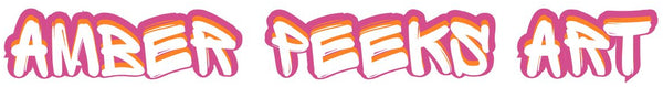 Colorful text 'AMBER PEEKS ART' on a white background
