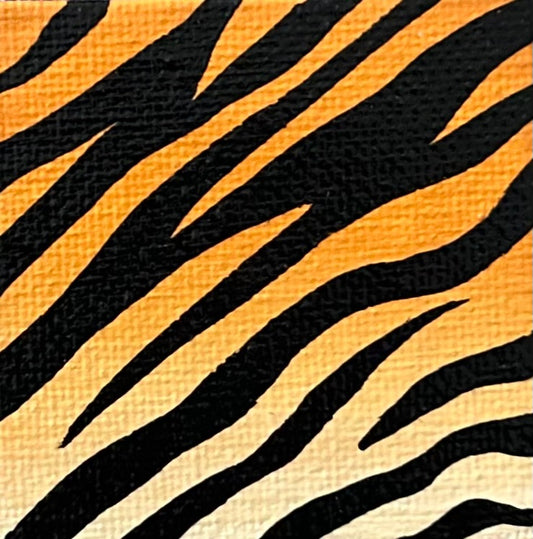Amber Peeks Art: close-up image of tiger print painted on a miniature canvas magnet created by Atlanta multi-disciplinary visual artist Amber Peeks.