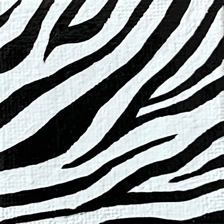 Amber Peeks Art: close-up image of zebra print painted on a miniature canvas magnet created by Atlanta multi-disciplinary visual artist Amber Peeks.